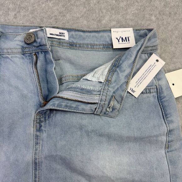 YMI Dream Fit Denim Mini Skirt 1/25 Blue Raw Hem Distressed Jean Pockets Stretch - Picture 5 of 12